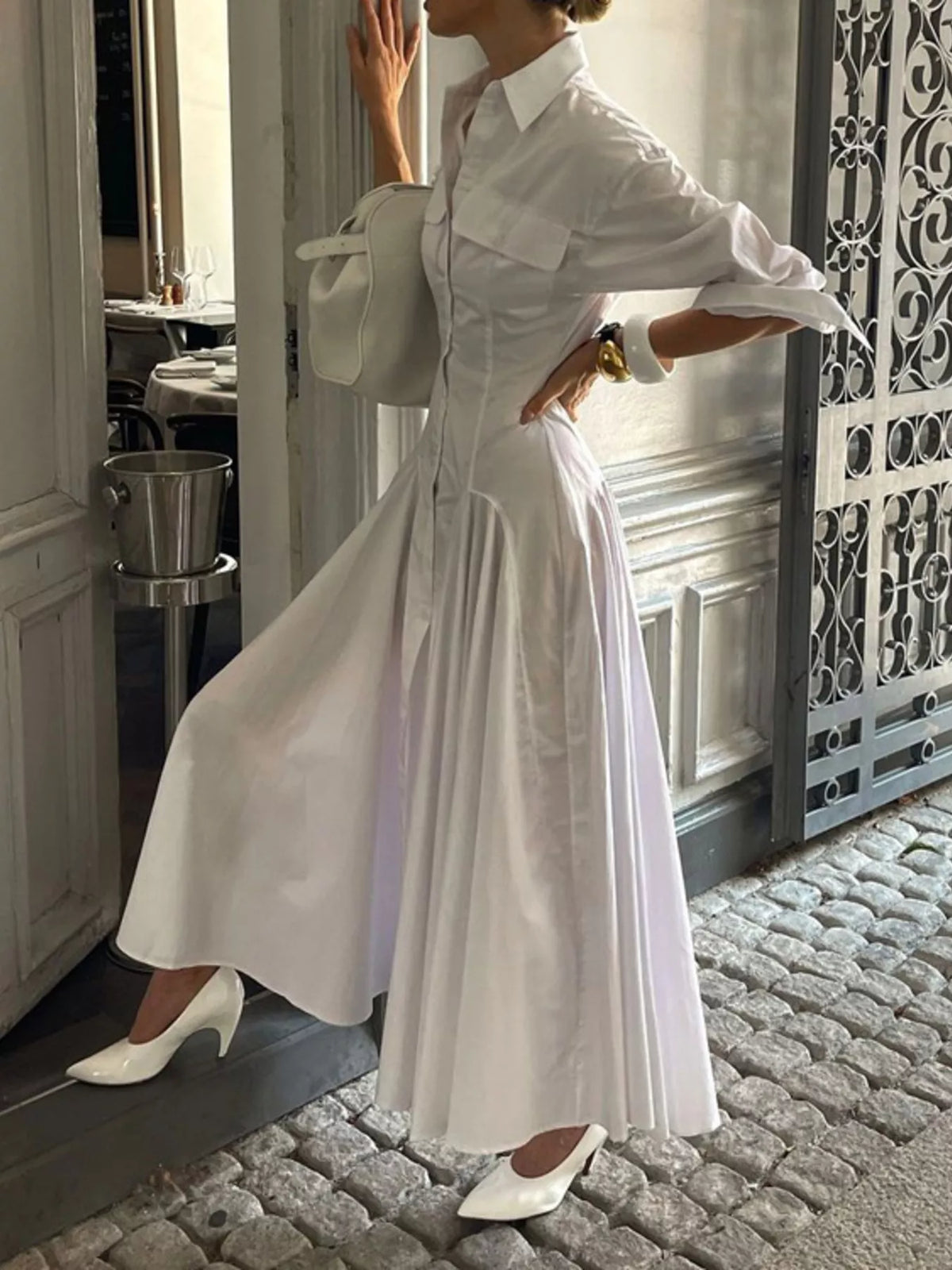 Maxi shirt dress shown fully buttoned