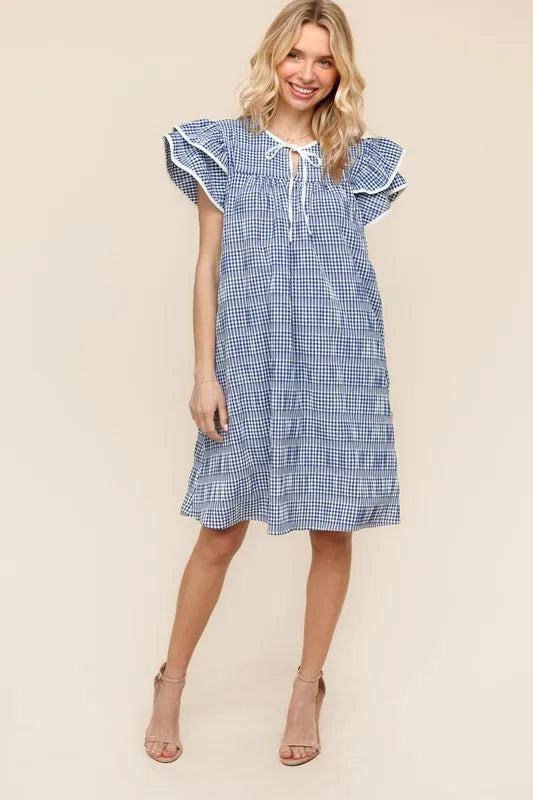 Double Ruffle Sleeve Dress with Pockets in Navy