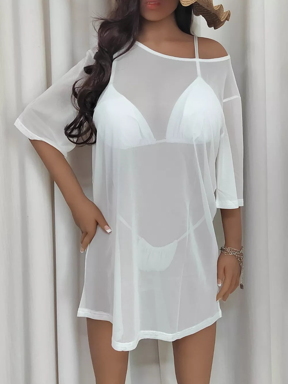 White mesh layering kimono styled look