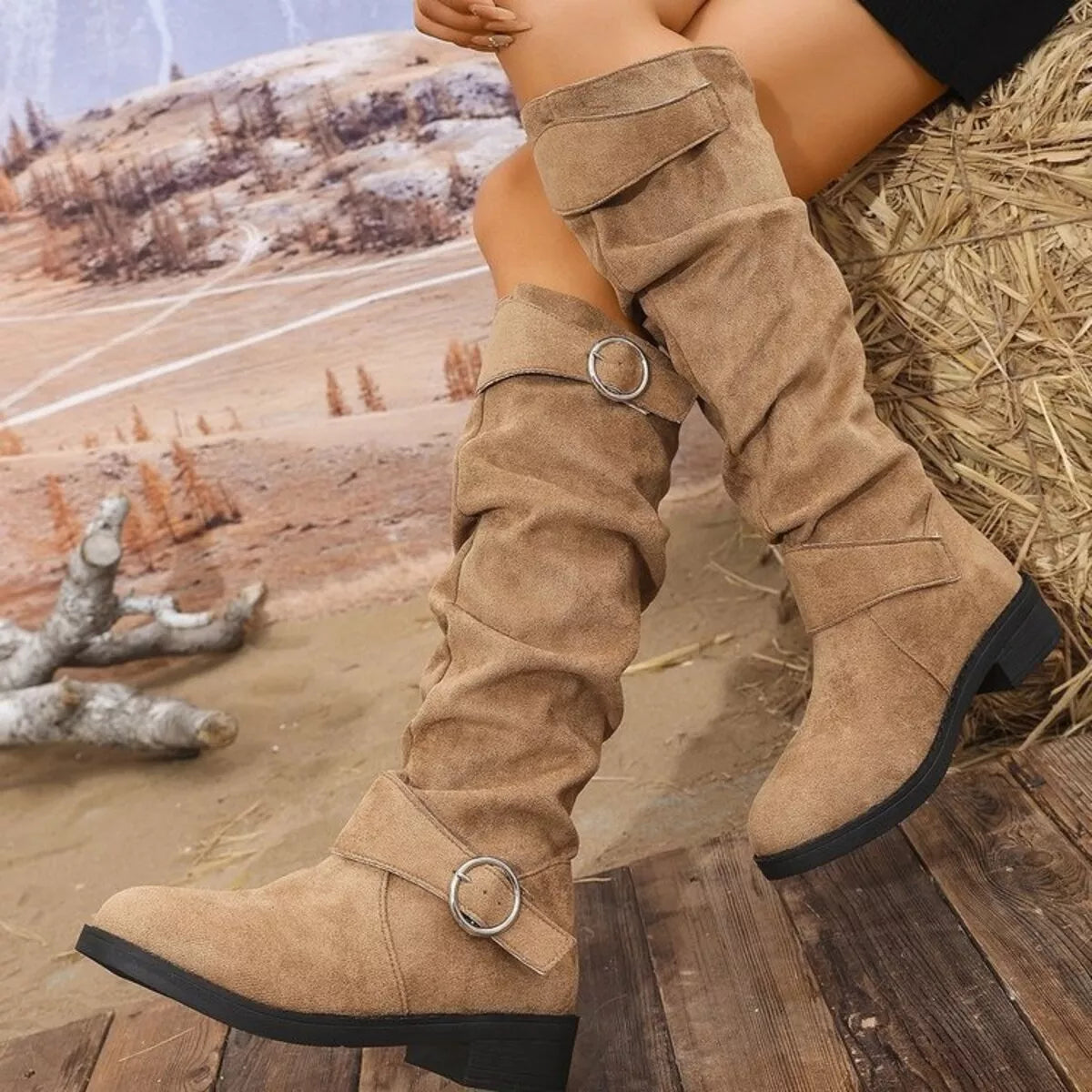 Suede slouch boots heel detail