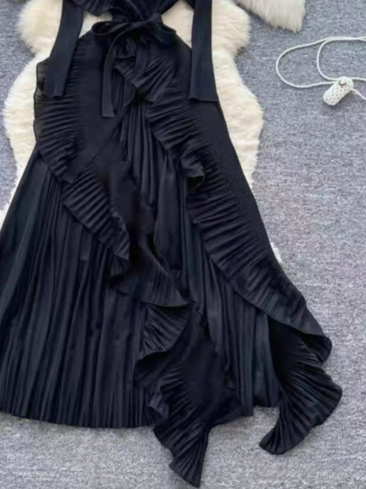 ruffle trim pleated midi dress full length view