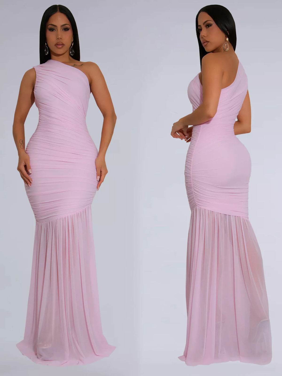 One shoulder ruched bodycon maxi dress back view