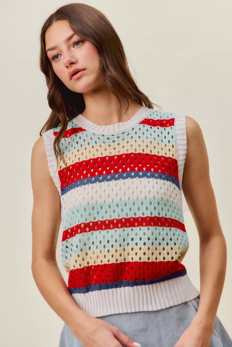 Tie back multi stripe knit tank top front view