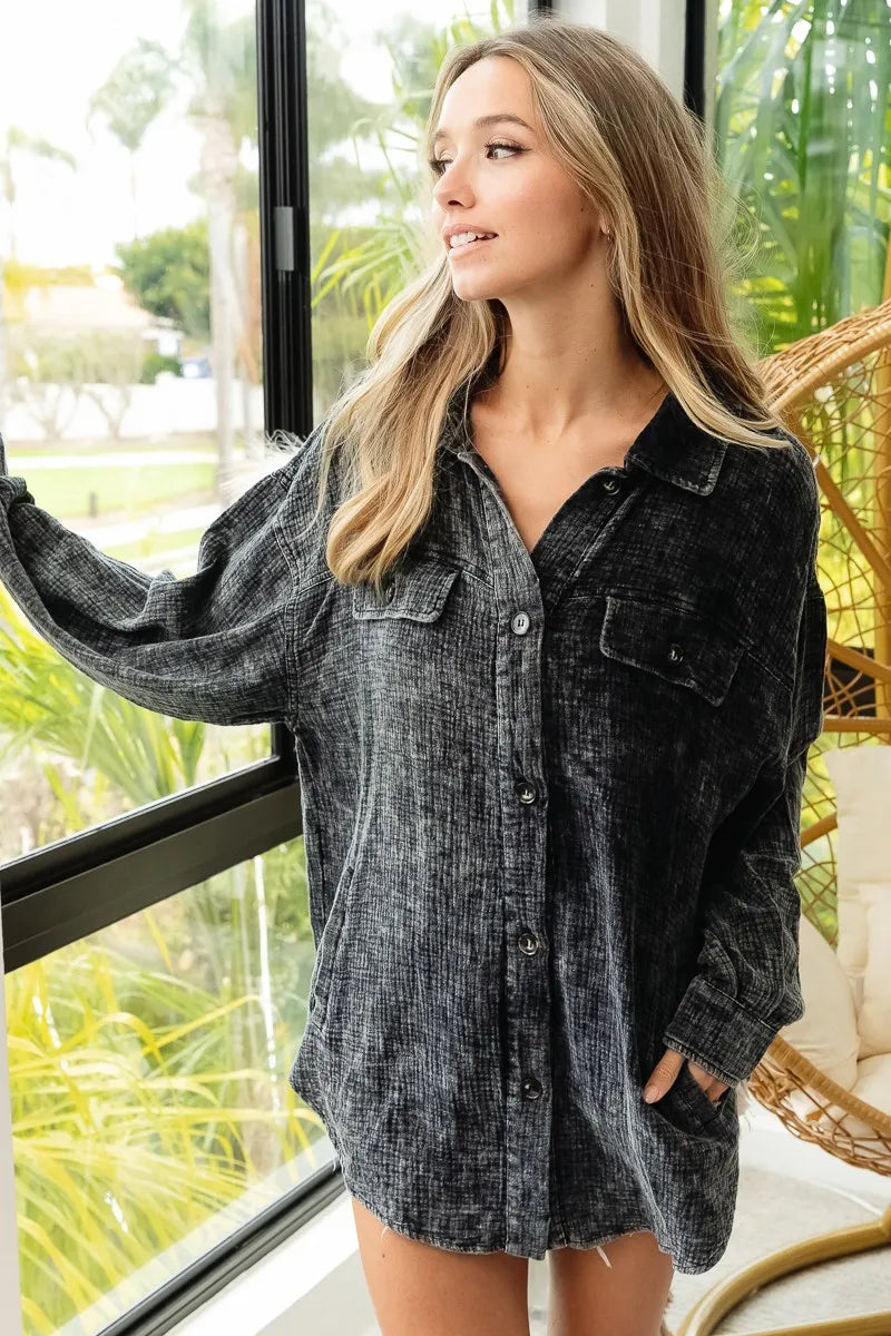 BiBi Vintage Washed Wrinkle Gauze Shacket - Fashorio