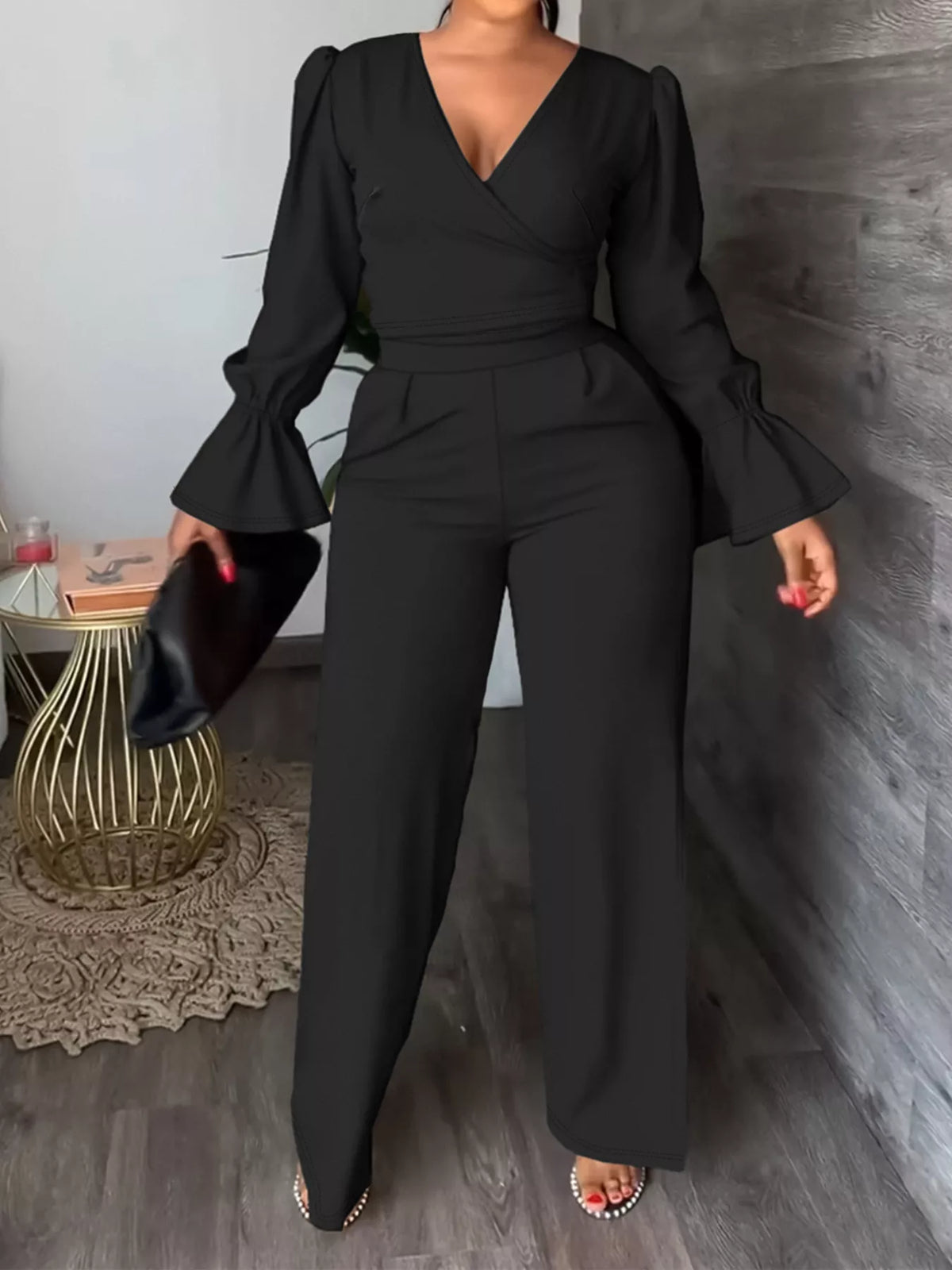 Flounce sleeve top and matching pants full outfit styled