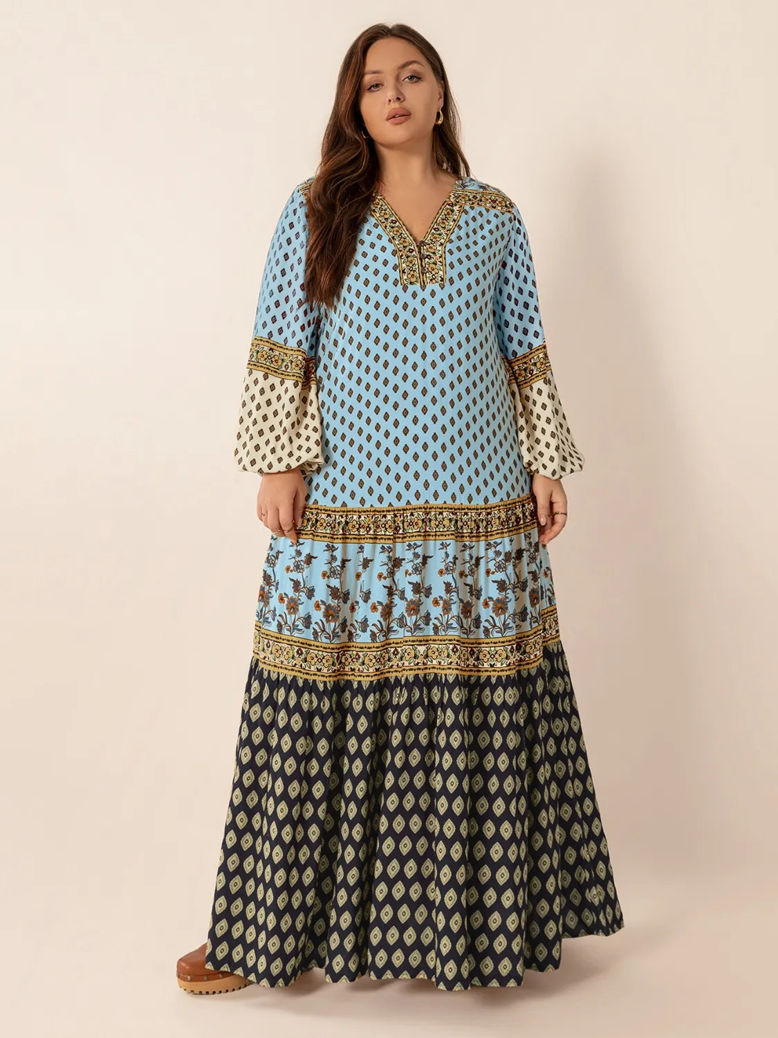 Plus size V neck balloon sleeve maxi dress in sky blue side view