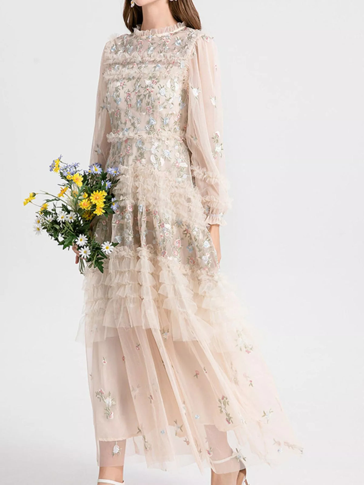 Apricot floral tulle layered maxi dress back view