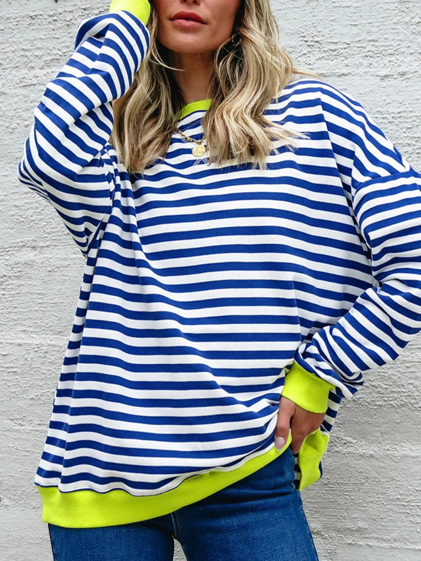 Striped Contrast Ribbed Trim Drop Shoulder Sweatshirt - Fashorio