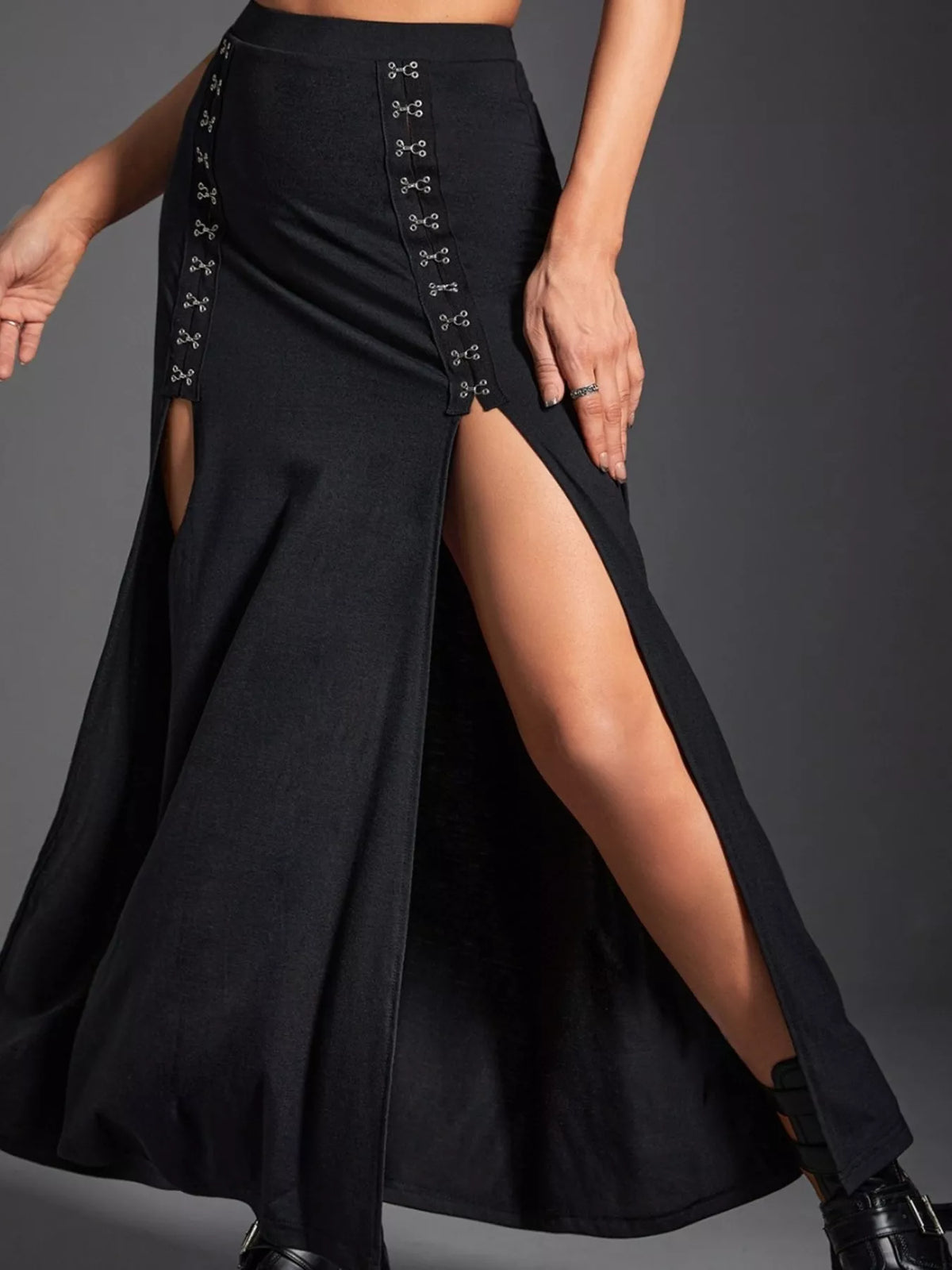 Side view of high waist black skirt