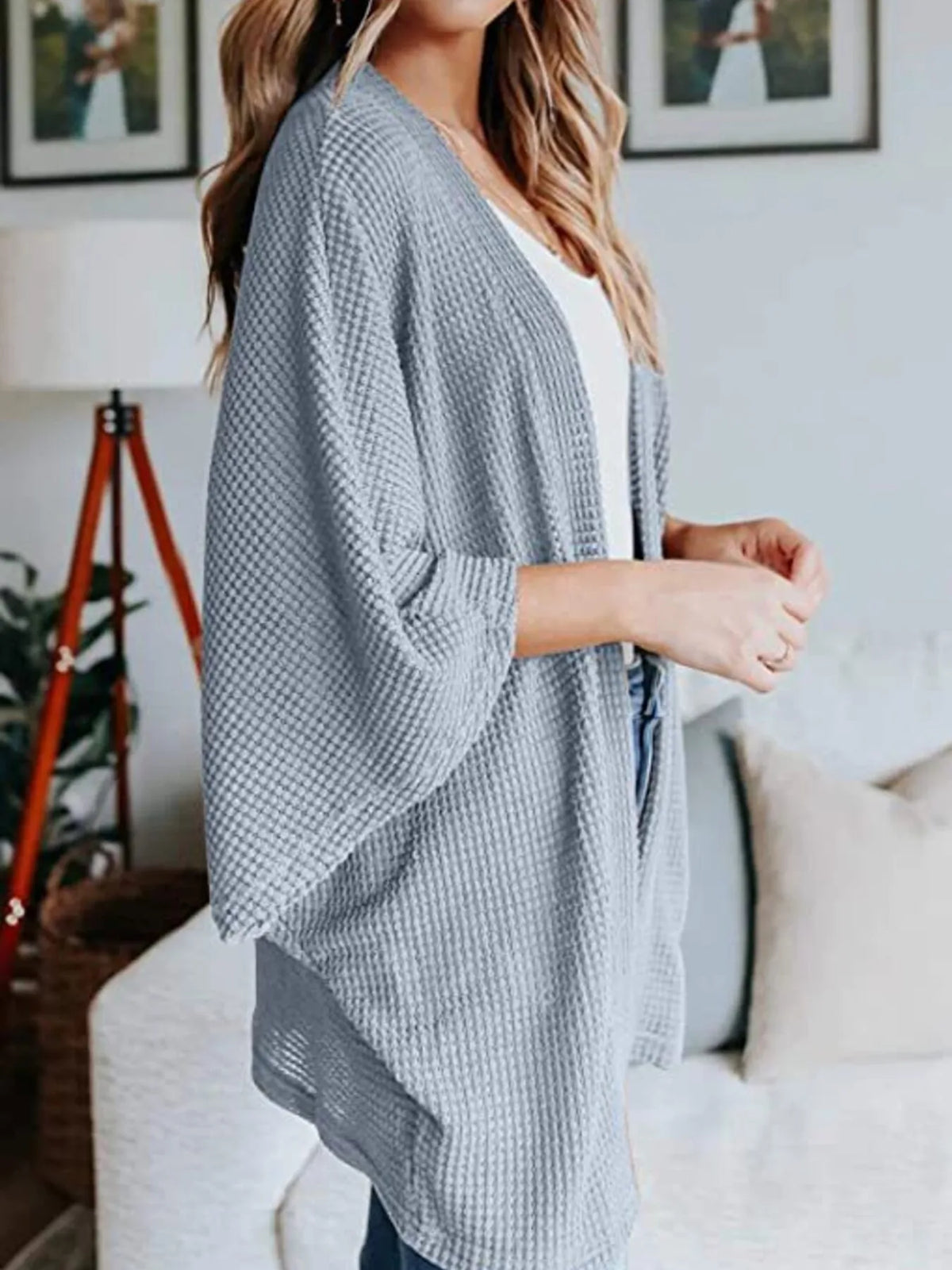 waffle knit open front plus size cardigan flat lay view