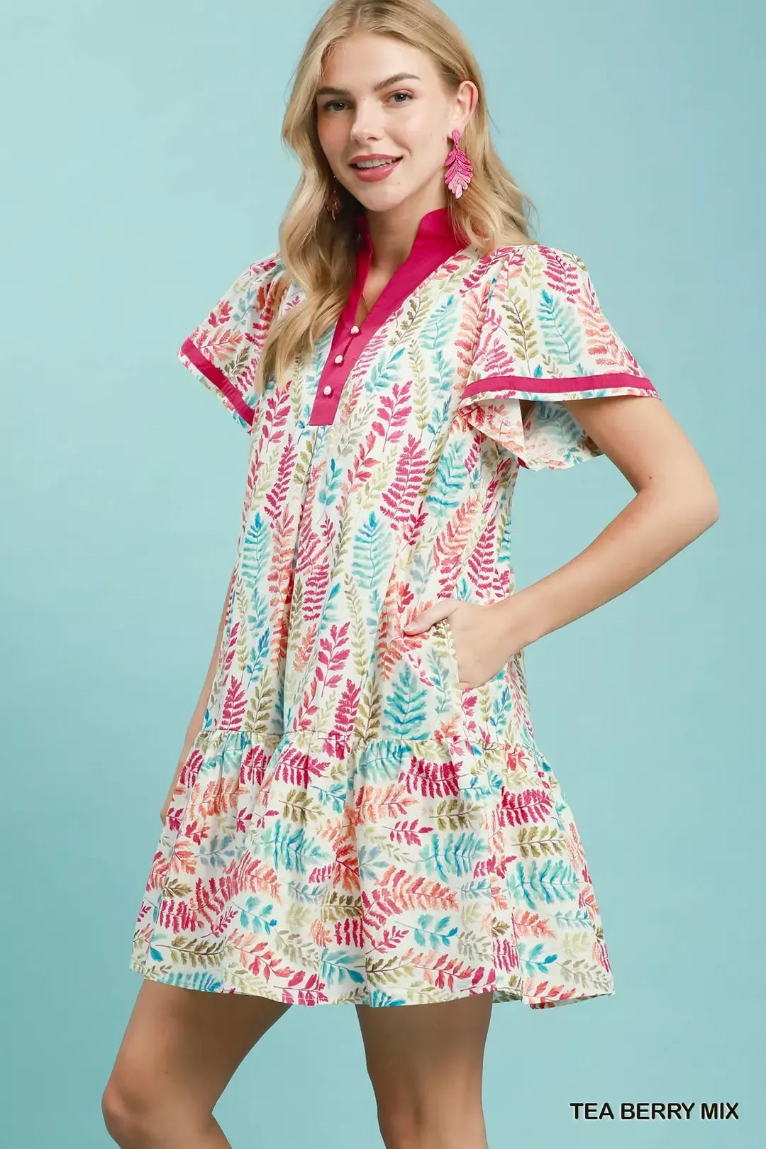 Leaf Print Flutter Sleeve Tiered Mini Dress in Berry back view