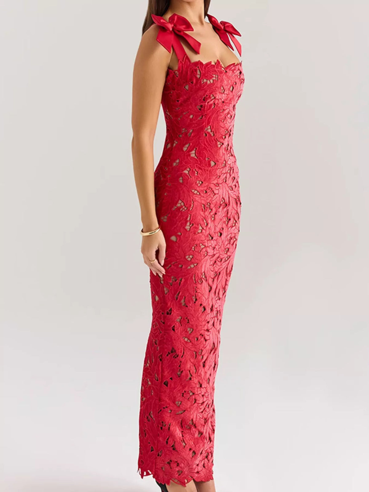 slit tie shoulder maxi dress movement shot