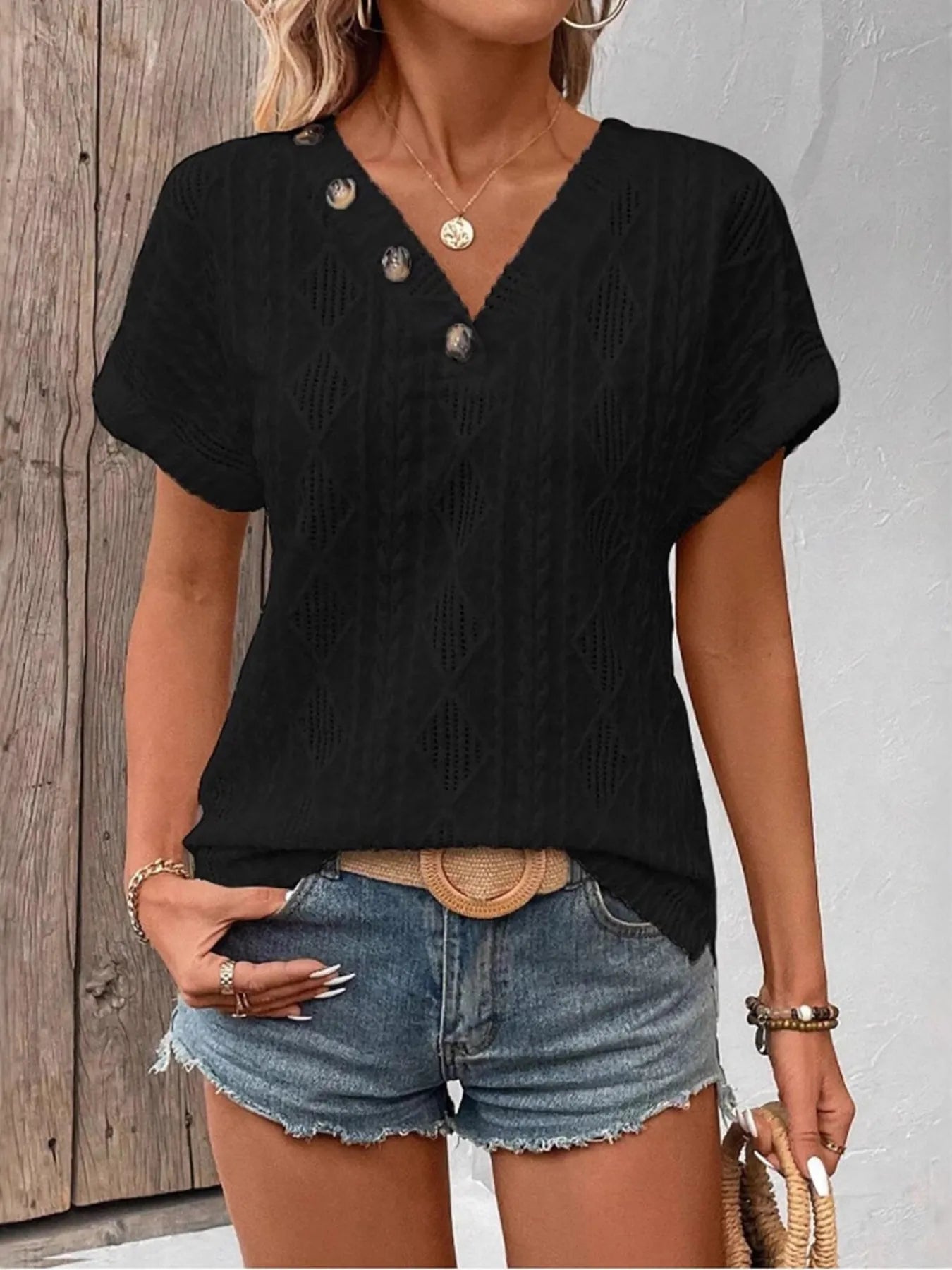 Textured V-Neck Short Sleeve Top Black - Fashorio