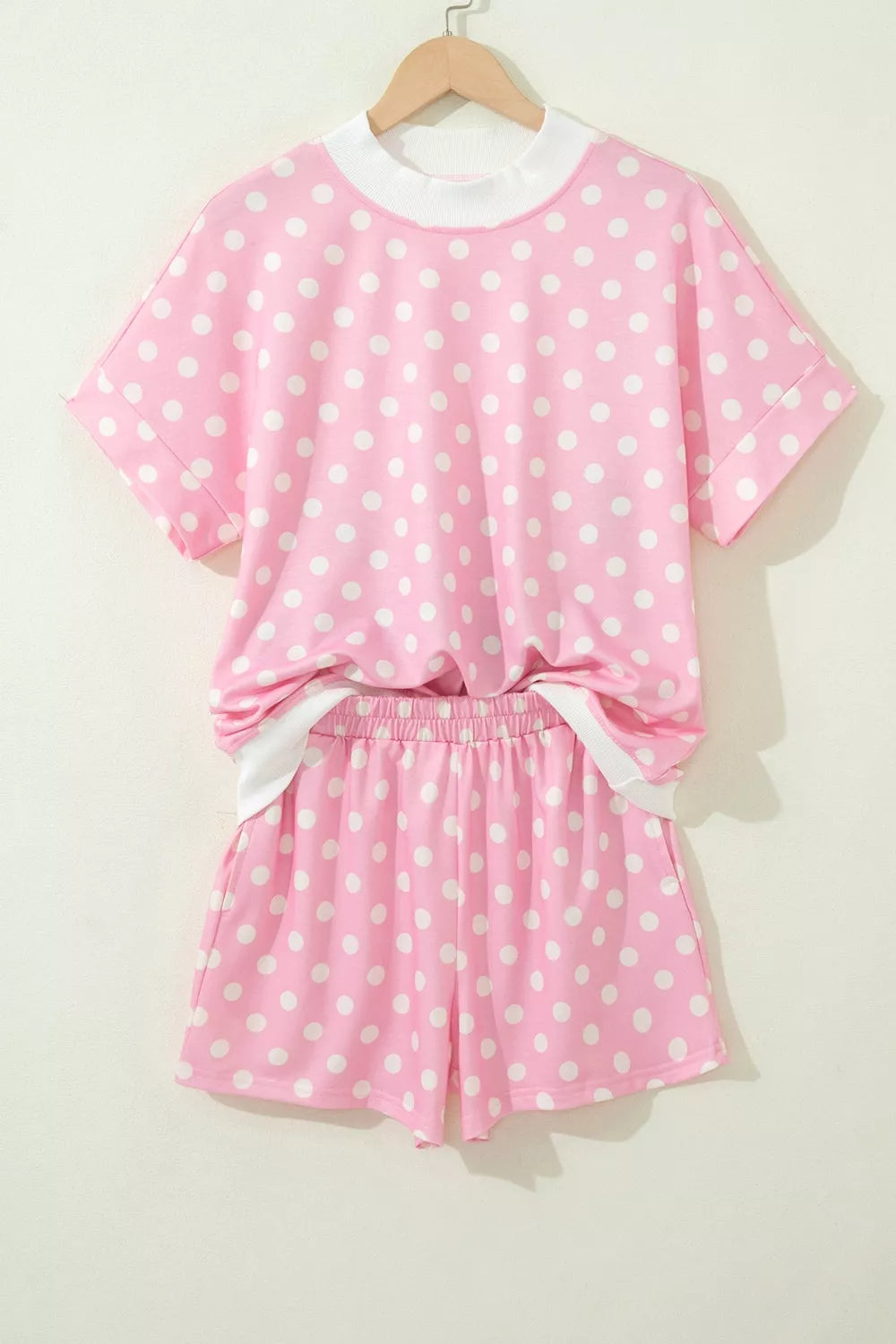 Polka dot short sleeve top matching shorts coordinated look
