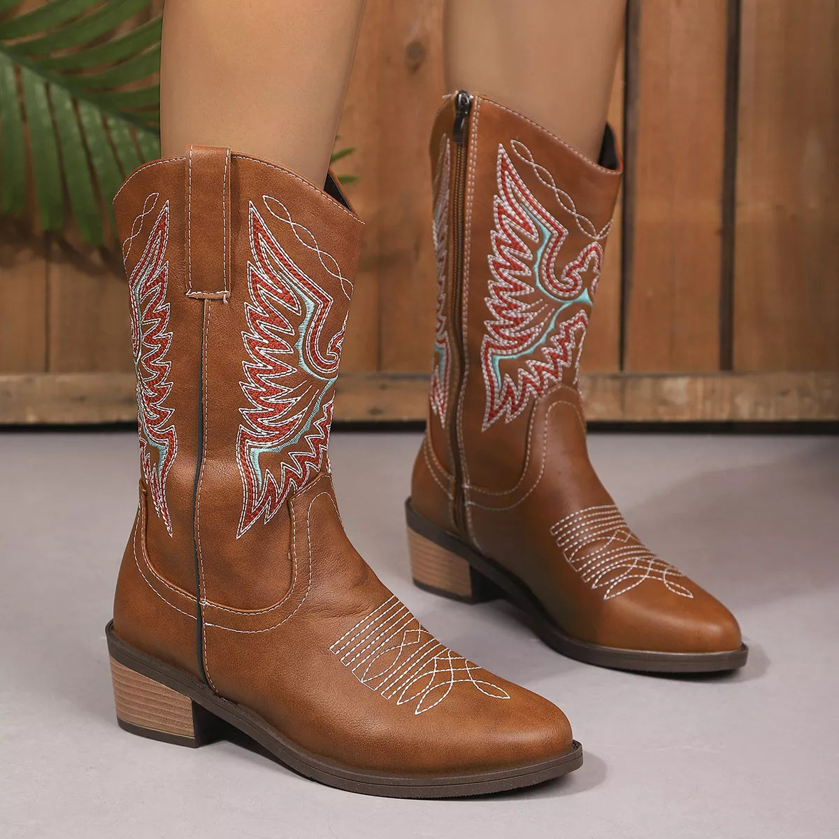 Embroidered western cowboy boots top down view