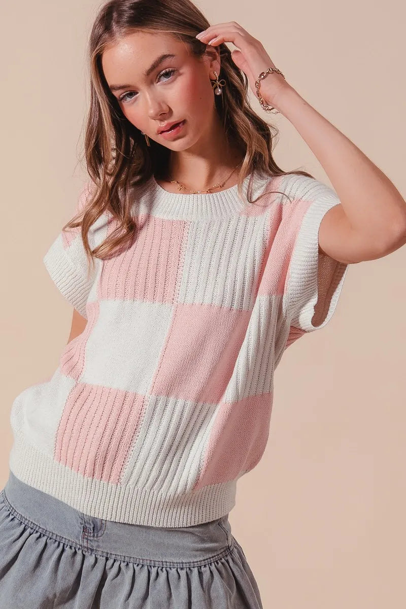 Check Plaid Casual Sweater Top in Dusty Pink styled look