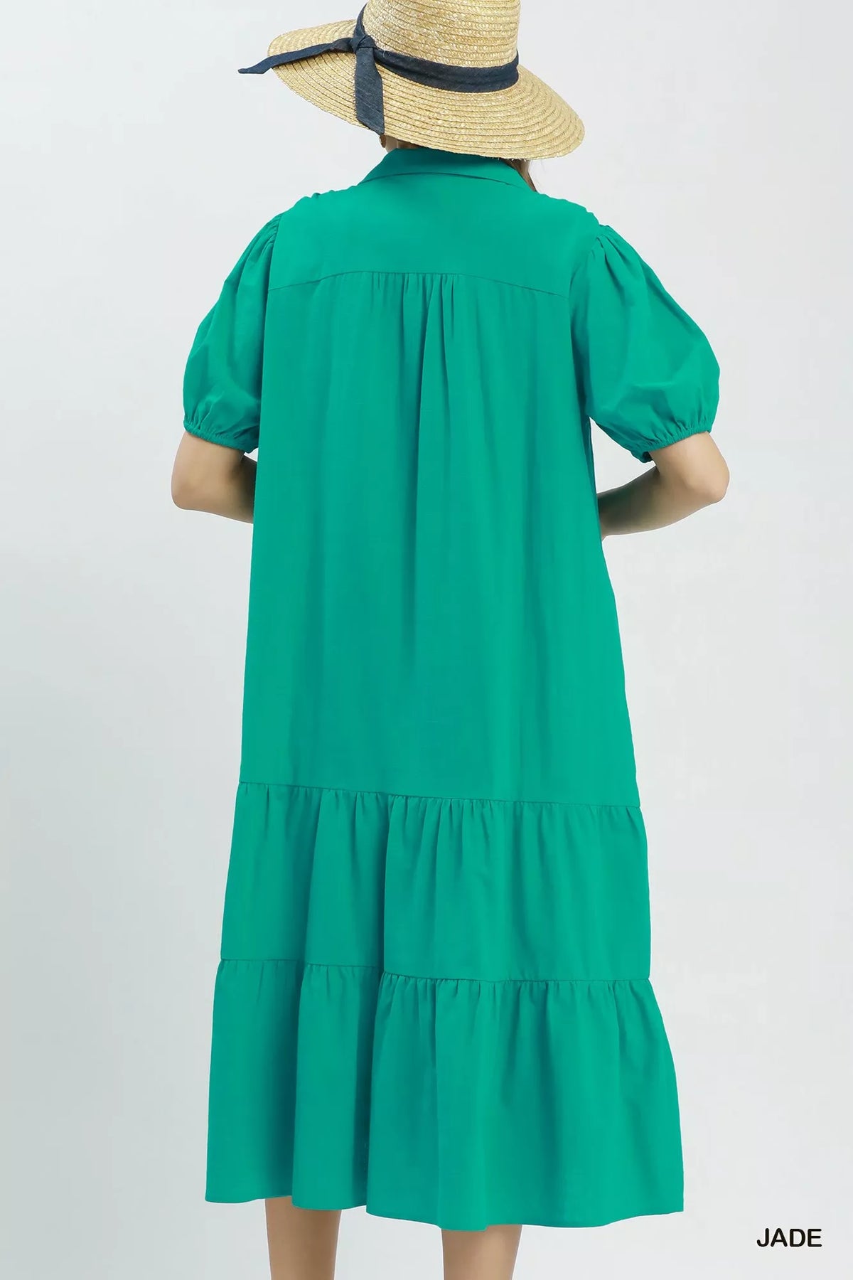 Jade green solid tiered midi dress side view