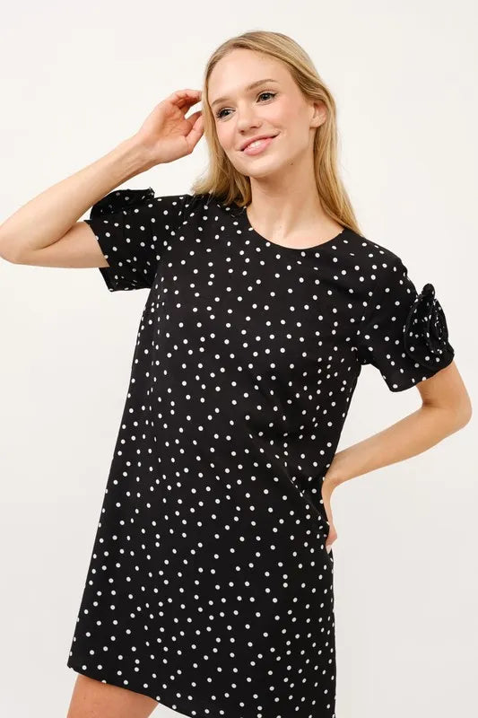 Embellished Sleeve Polka Dots Shift Dress on model