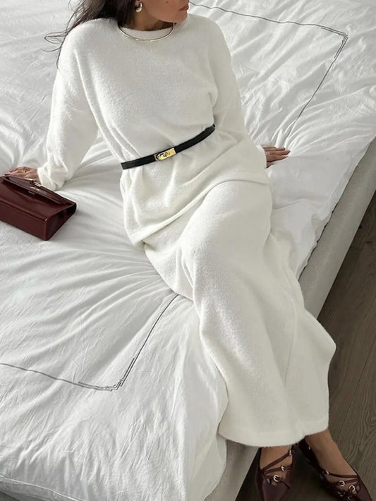 Round Neck Dropped Shoulder Top and Midi Skirt Sweater Set White One Size - Fashorio