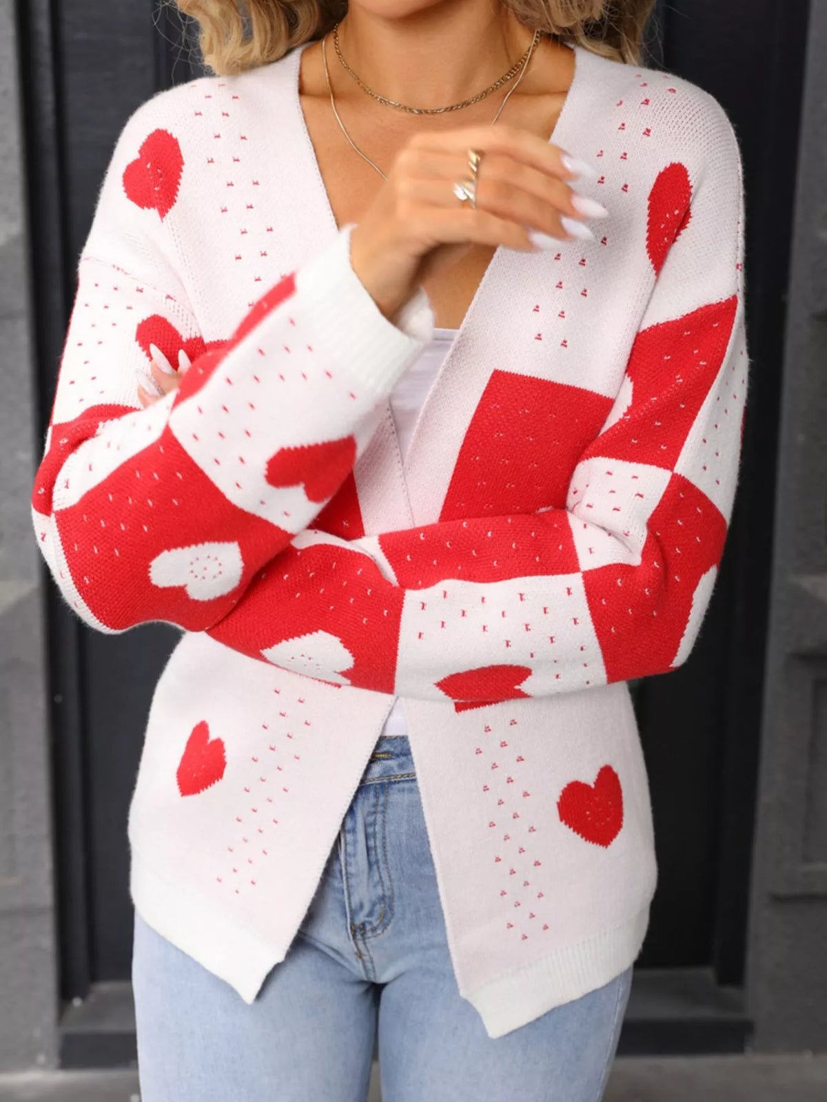 Heart pattern cardigan styled look