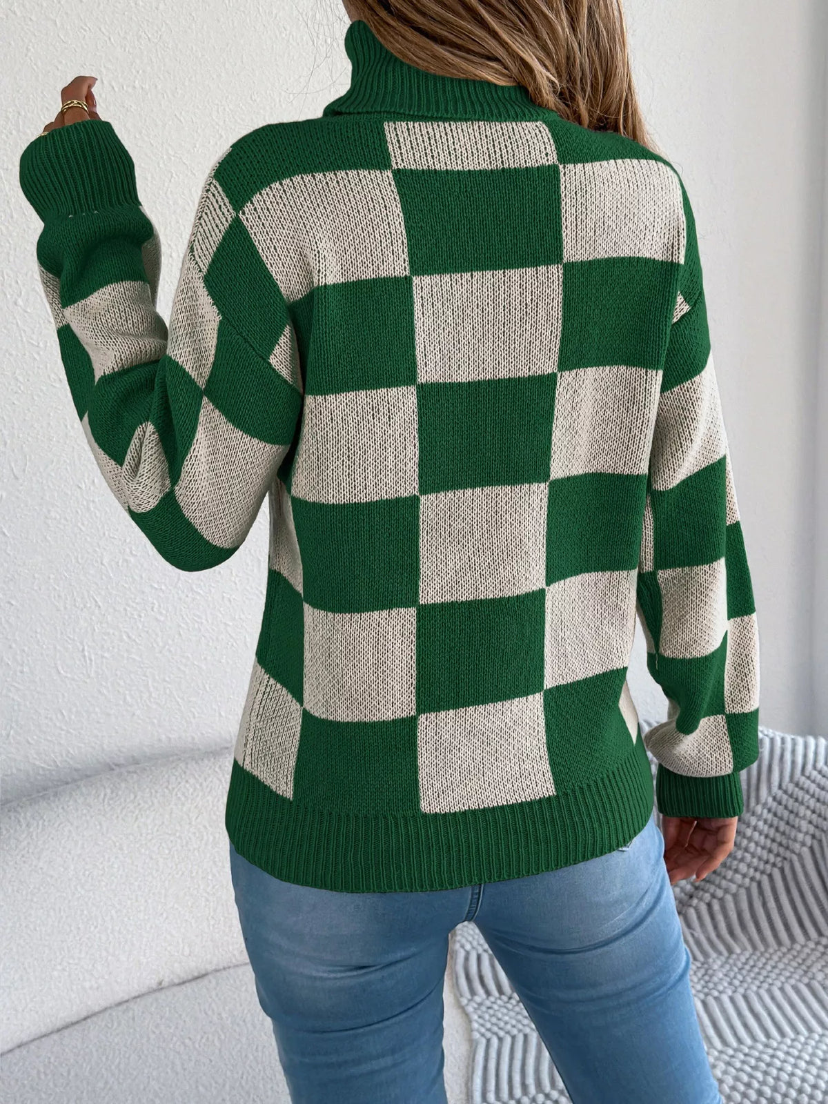 Checkered Turtleneck Long Sleeve Sweater styled look