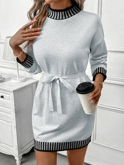 Striped Trim Tie Waist Sweater Dress - Fashorio