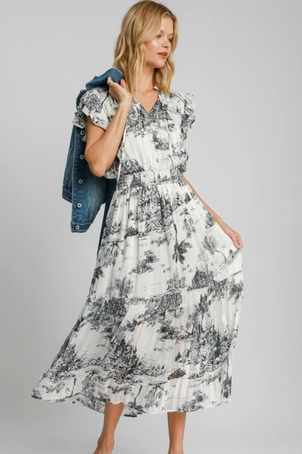 Two Tone Landscape Print Midi Dress