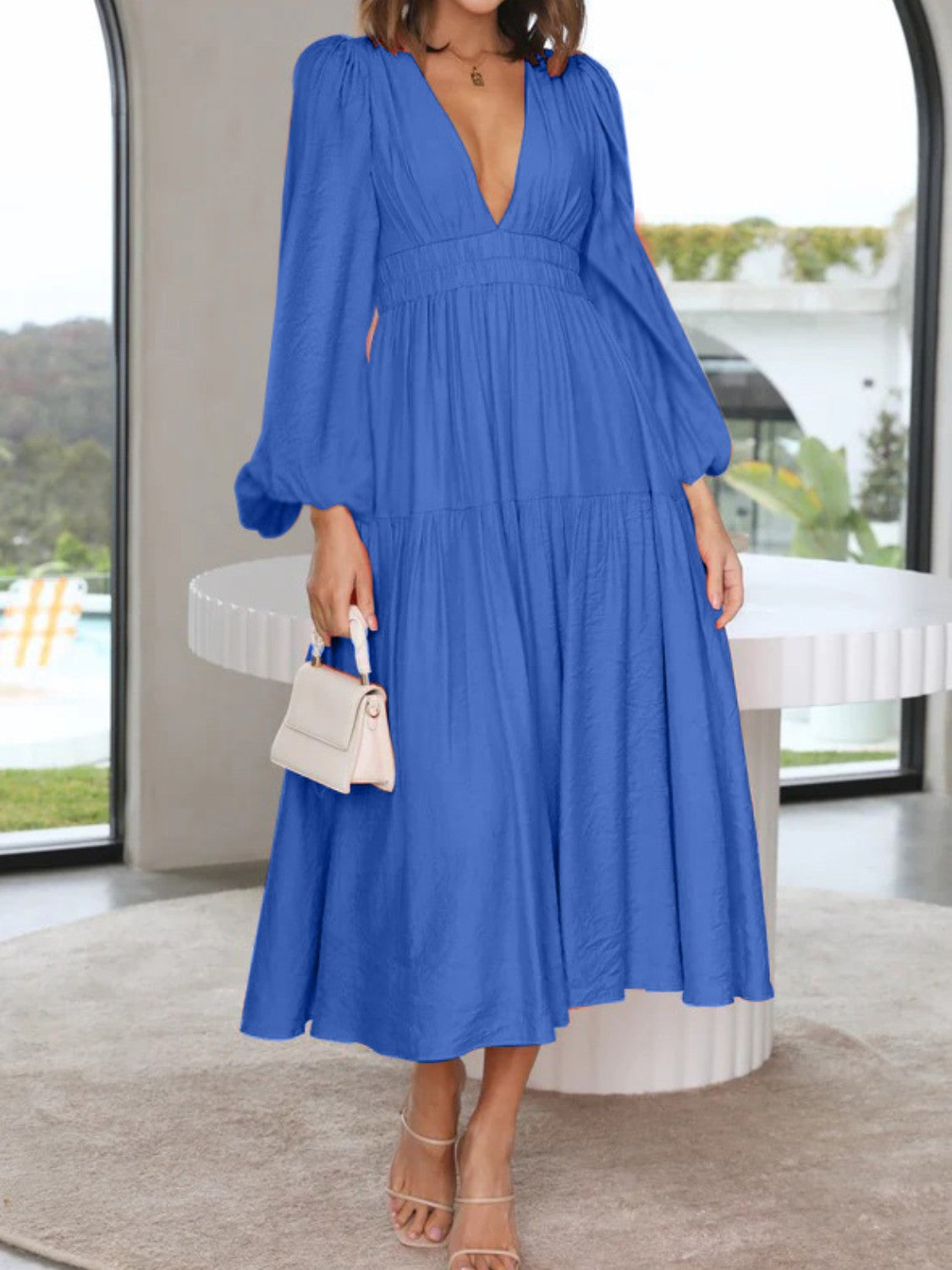 Deep V-Neck Balloon Sleeve Plain Maxi Dress Cobalt Blue - Fashorio