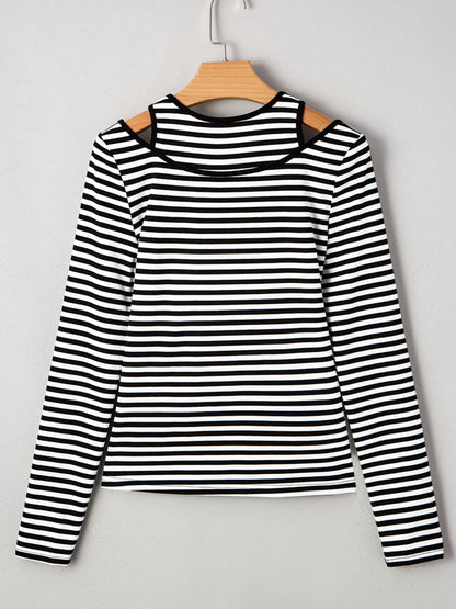 Stripe Double-layer Cold Shoulder Long Sleeve Top - Fashorio