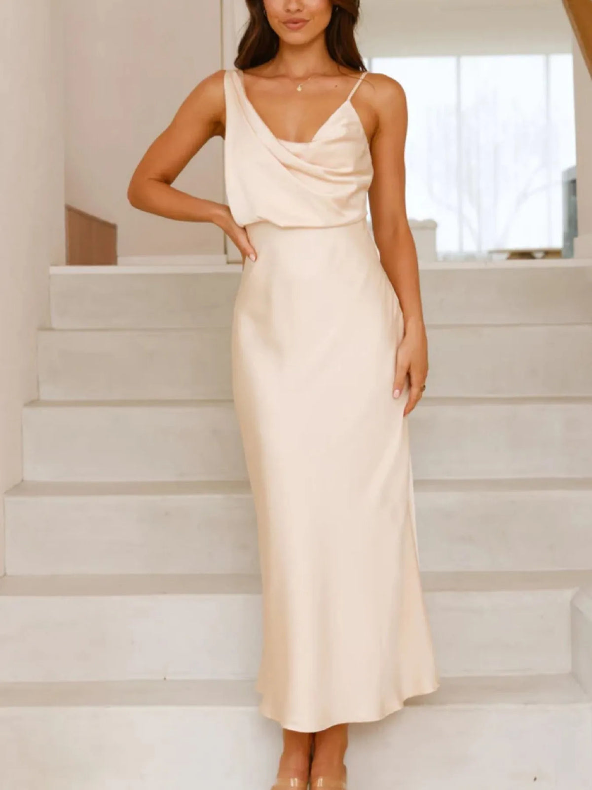satin asymmetrical midi dress close up texture