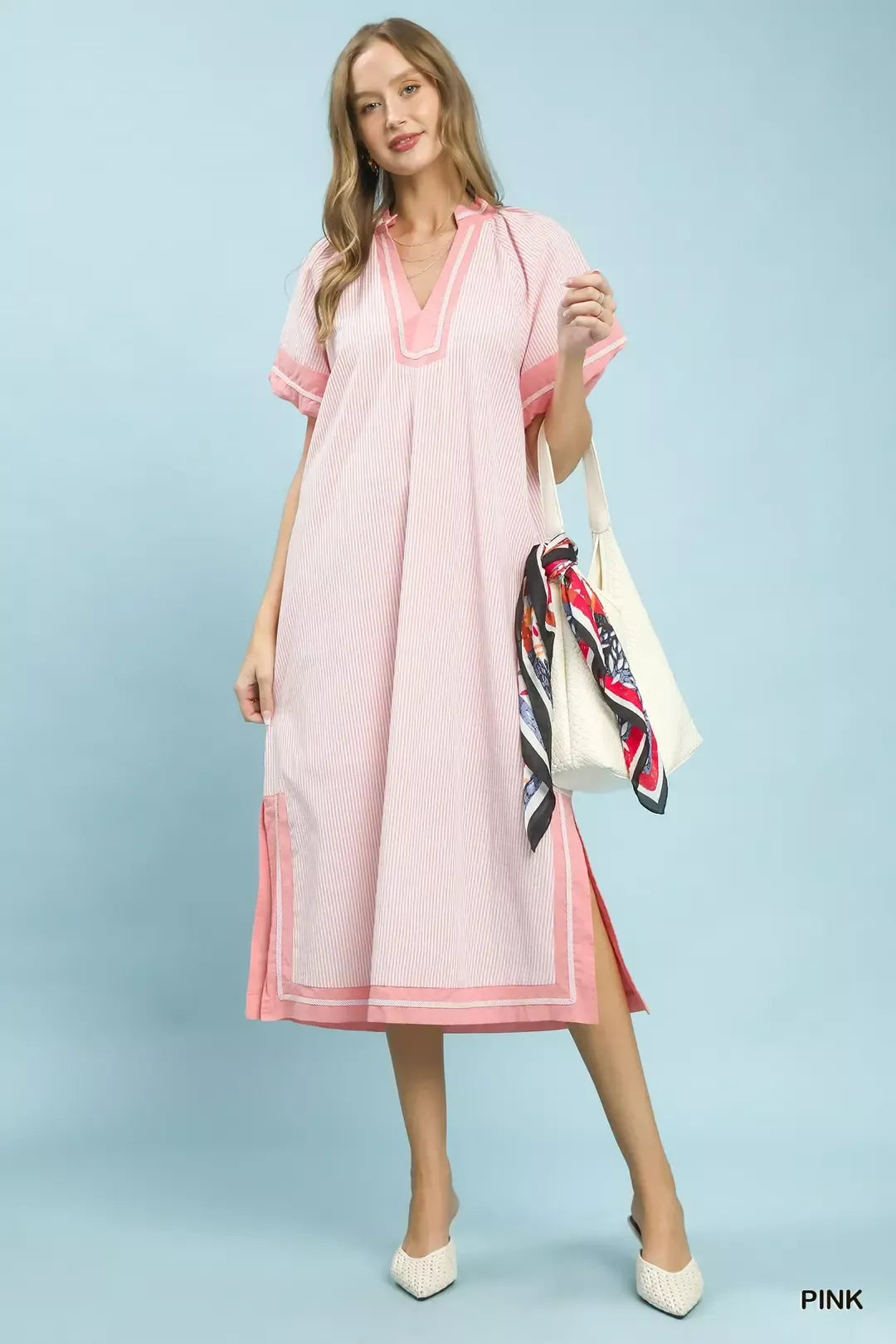 Pinstripe Contrast Trim Midi Dress styled look