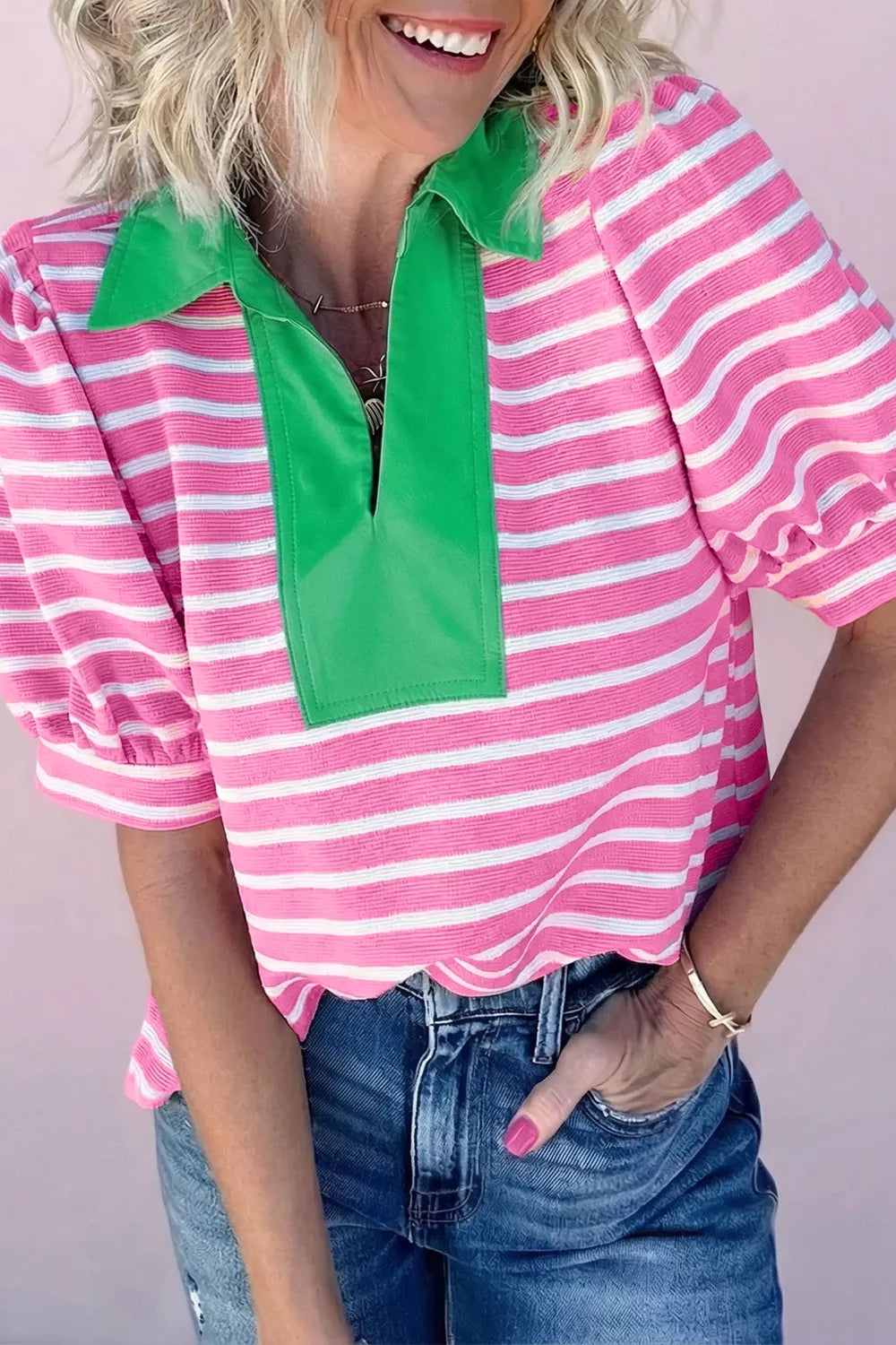 Pink striped color block puff sleeve polo blouse front view