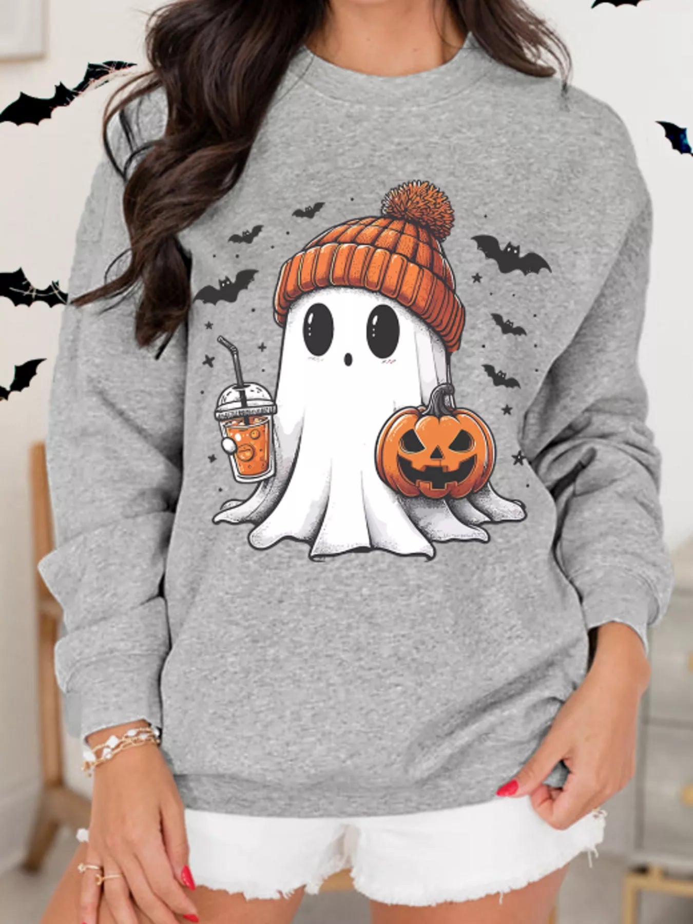Halloween Ghost Round Neck Sweatshirt - Fashorio