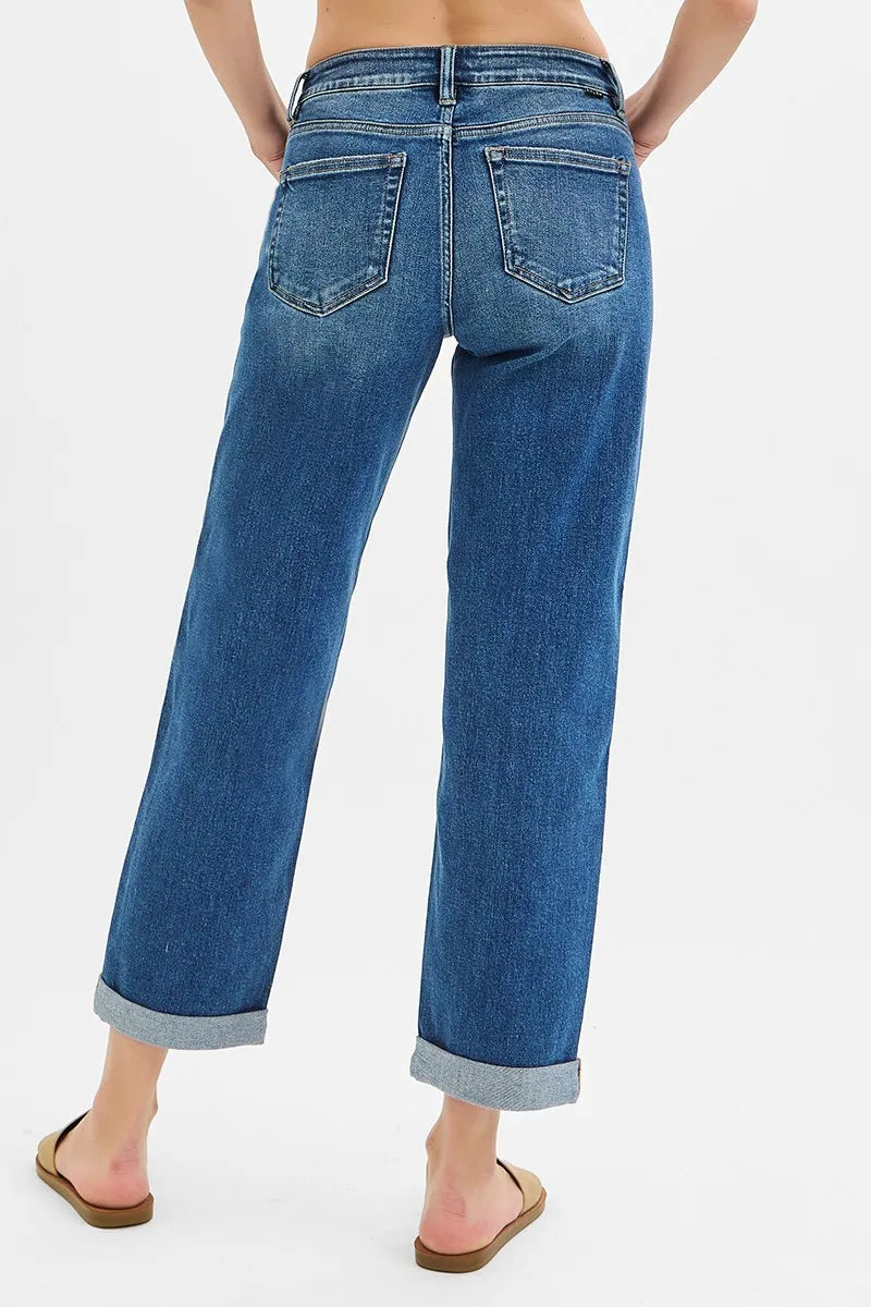 RISEN Full Size Mid Rise Boyfriend Roll Up Jeans Plus Size - Fashorio