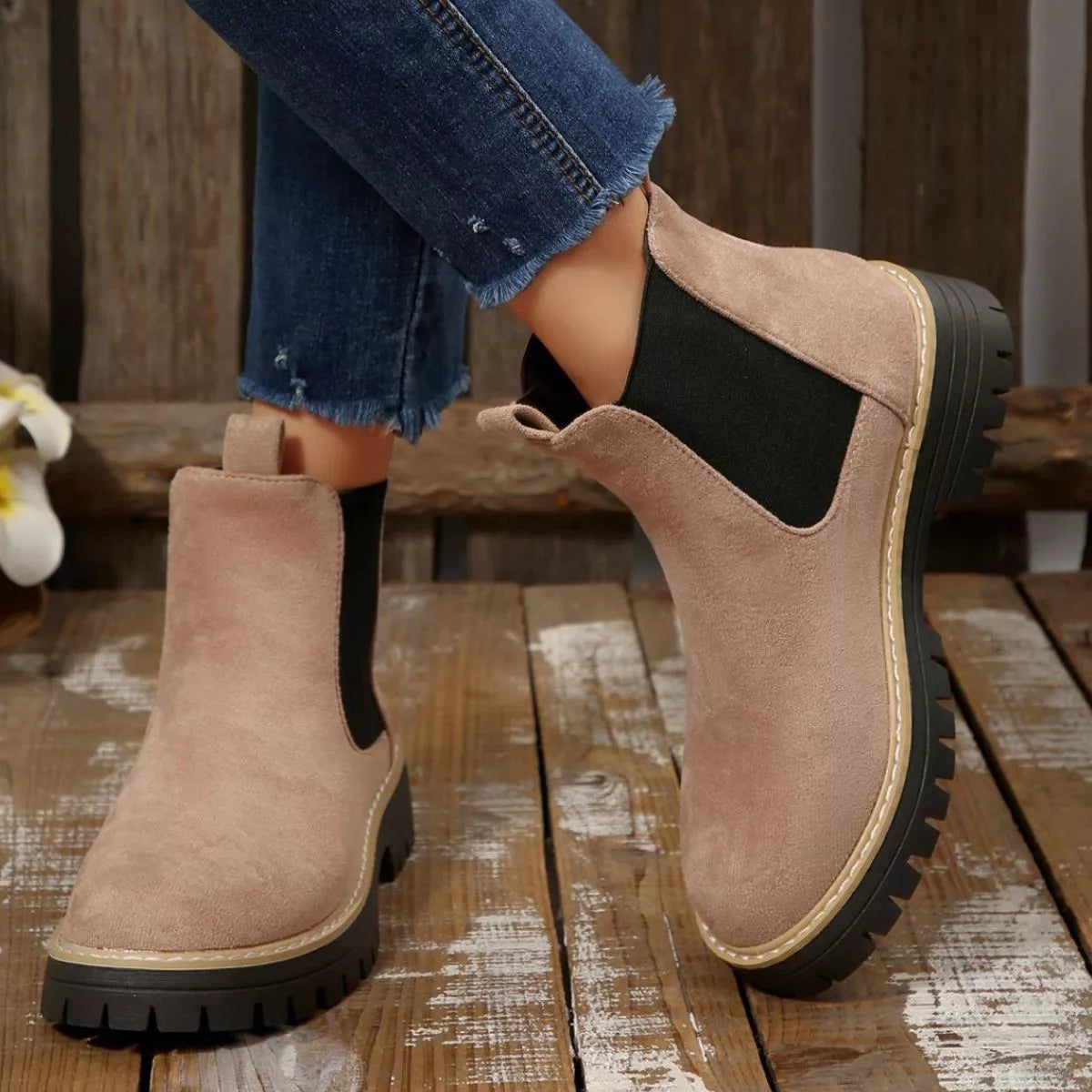 Round Toe Block Heel Boots in gray