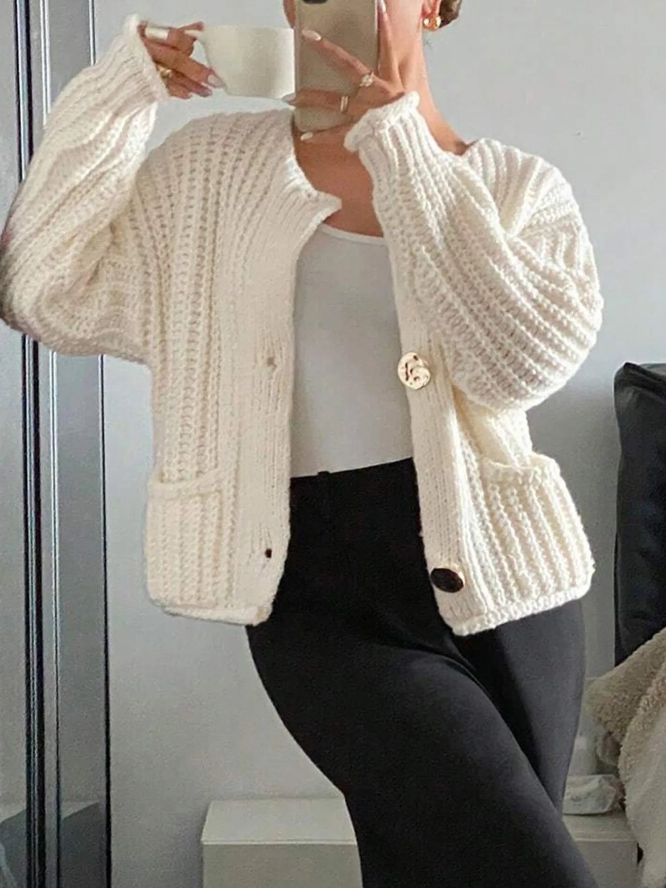 Button-Front Knit Cardigan with Pockets - Fashorio
