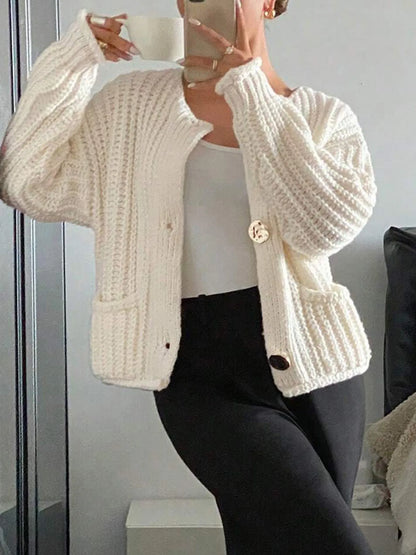 Button-Front Knit Cardigan with Pockets - Fashorio