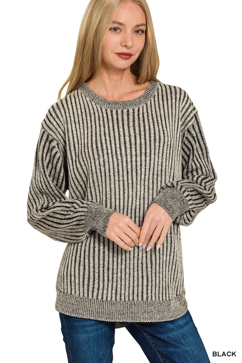 Zenana Curved Hem Two-Tone Ribbed Sweater BLACK - Fashorio