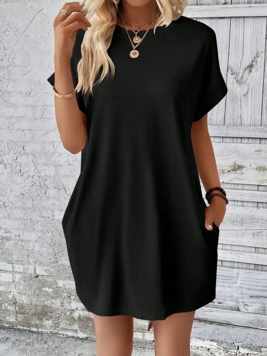 Casual Pocketed Short Sleeve Dress – Relaxed Everyday Comfort Black - Fashorio