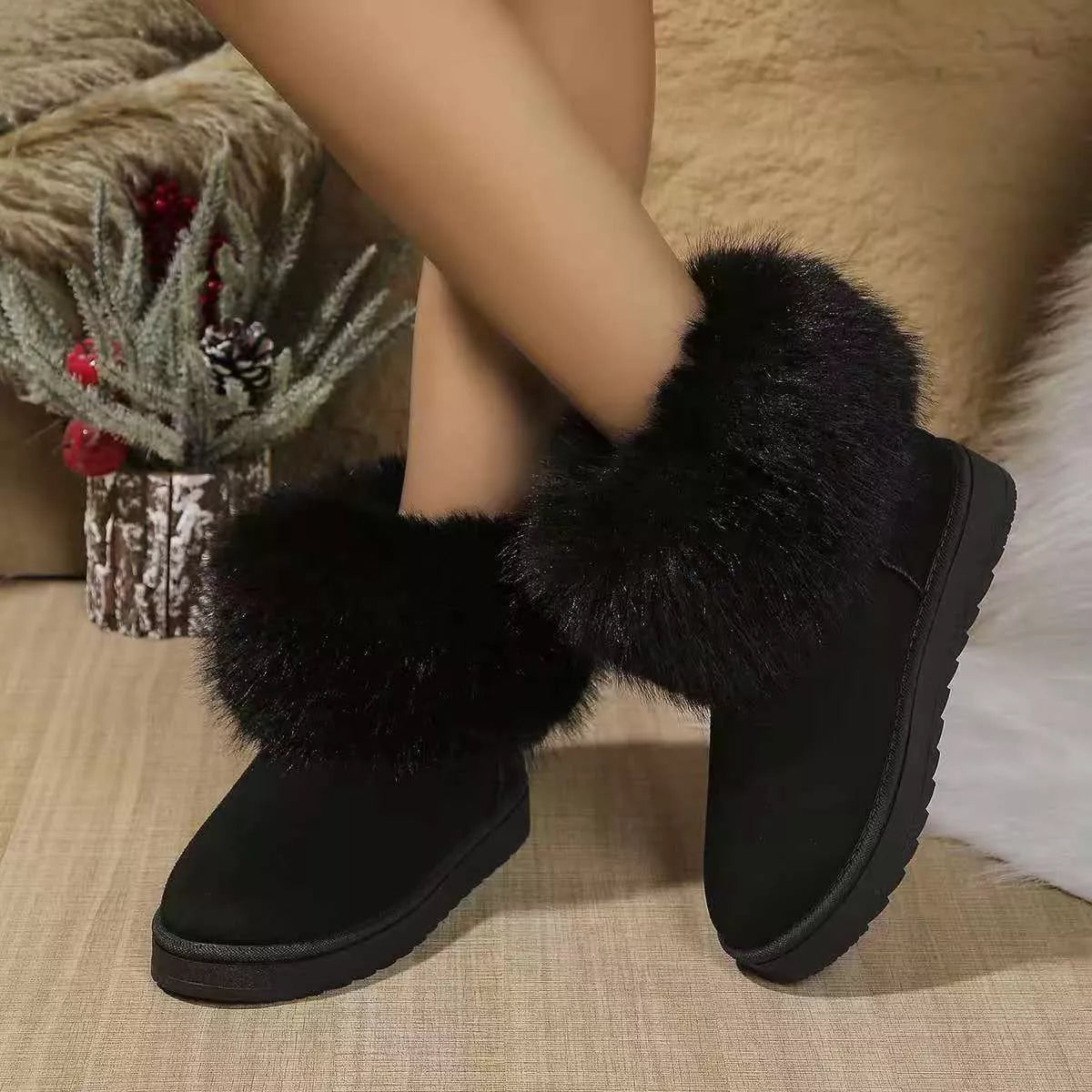 black fuzzy trim ankle boots side profile