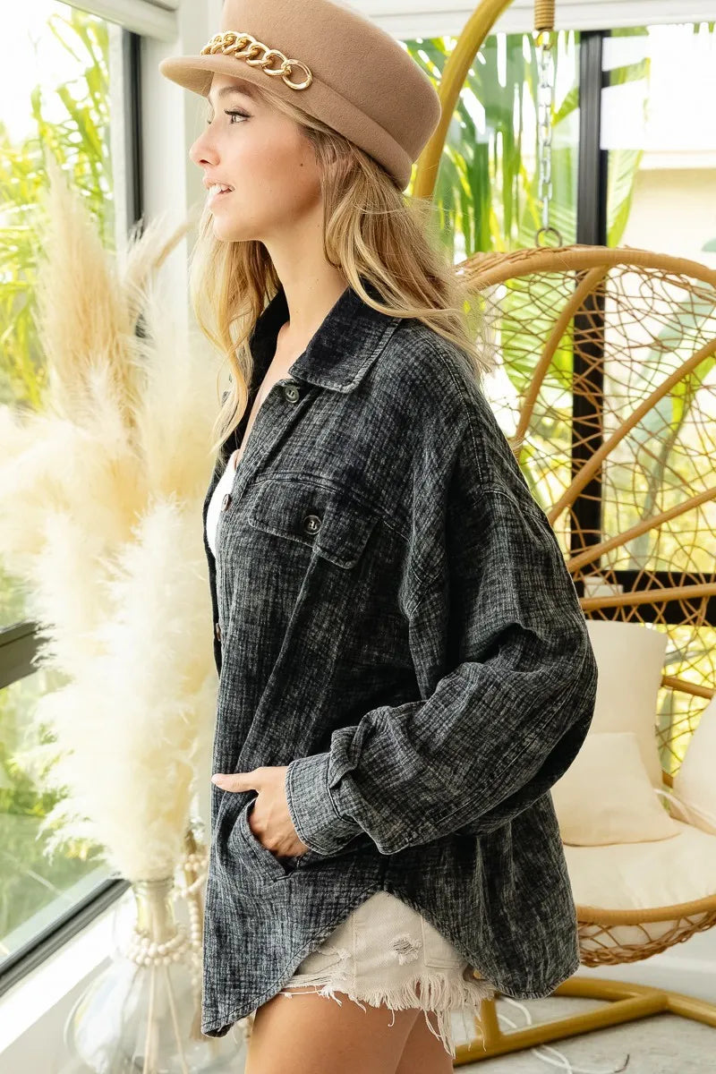 BiBi Vintage Washed Wrinkle Gauze Shacket - Fashorio