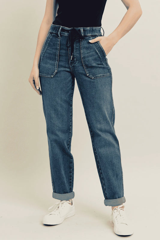 Judy Blue Full Size HW Vintage Wash Jeans w/ Drawstring Plus Size Dark - Fashorio