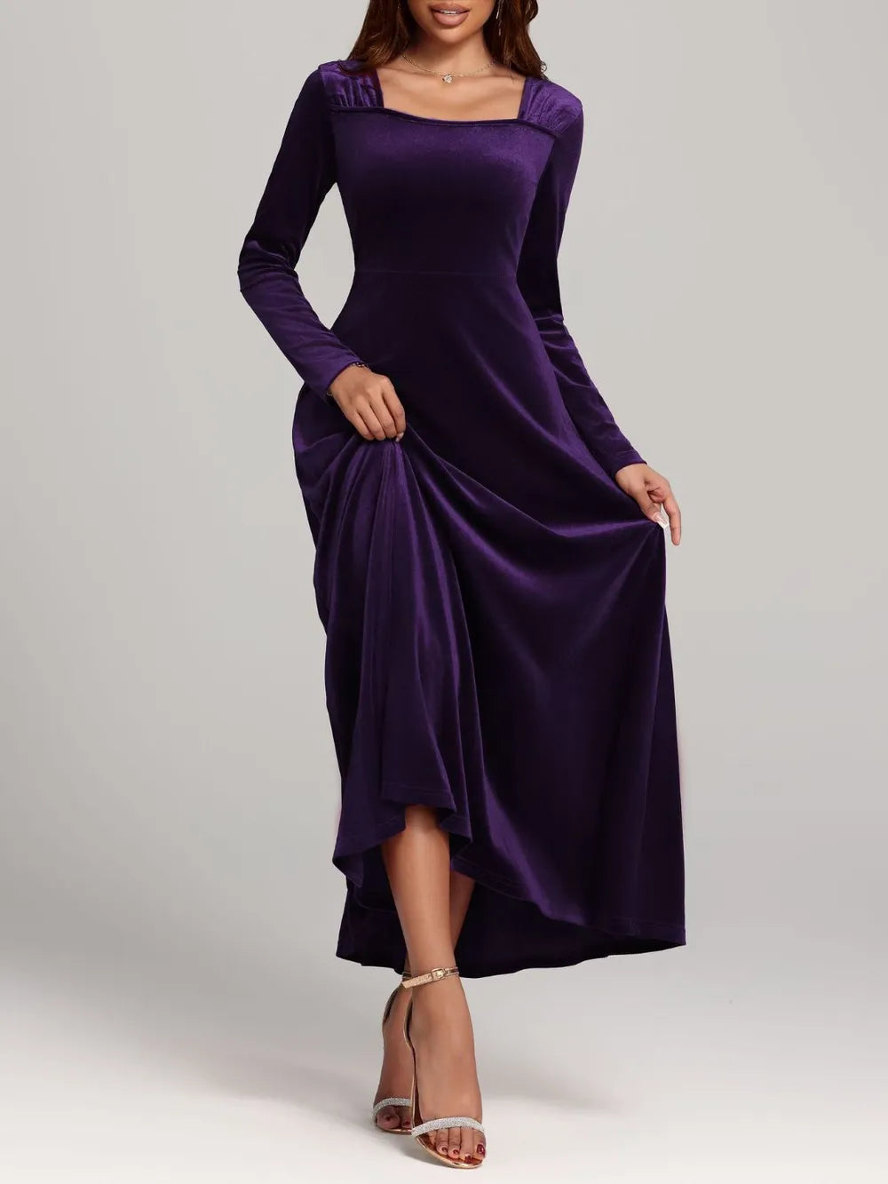 Fabric sheen detail on the velvet dress