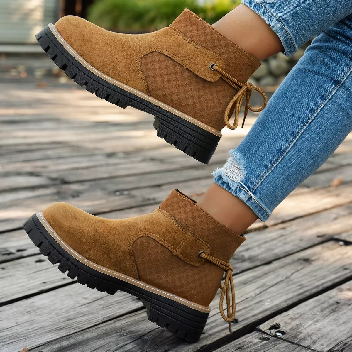 Round Toe Platform Boots close up of the upper