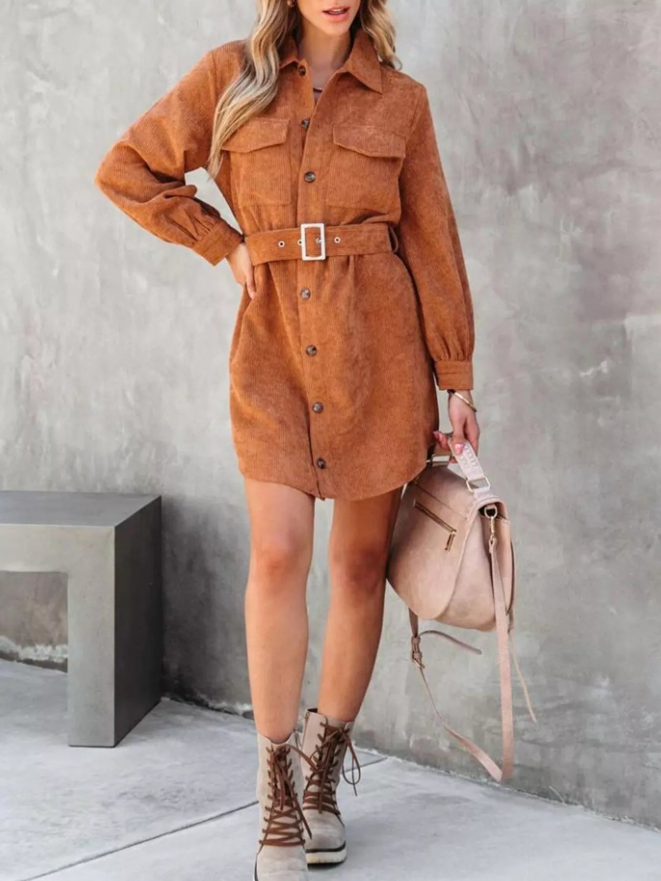 Button Front Belt Long Sleeve Corduroy Dress - Fashorio