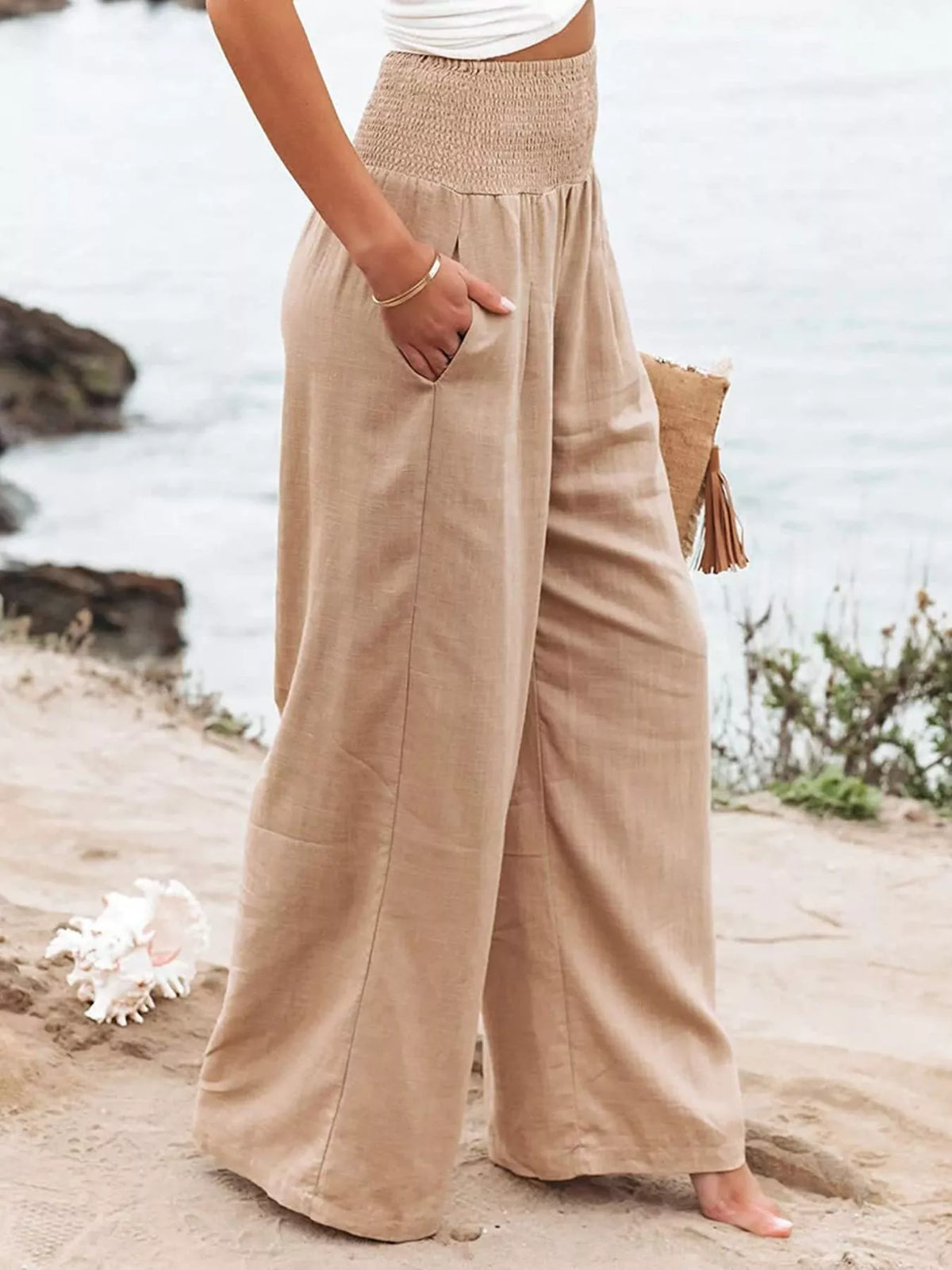 Smocked high waisted wide leg pants back view