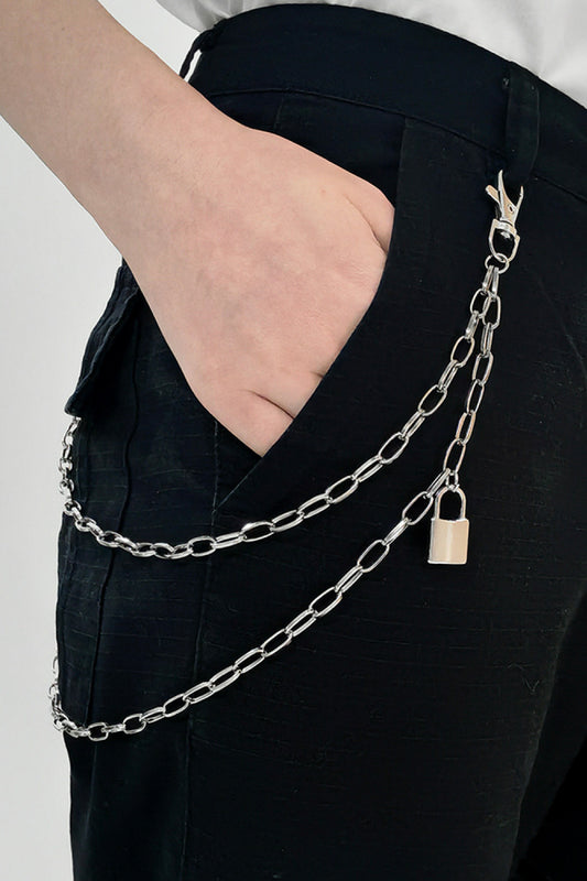 Double Layered Iron Chain Belt with Lock Charm Silver One Size - Fashorio