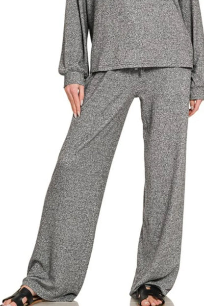Zenana Soft Melange Hacci Long Slv Tee & Pants Set - Fashorio
