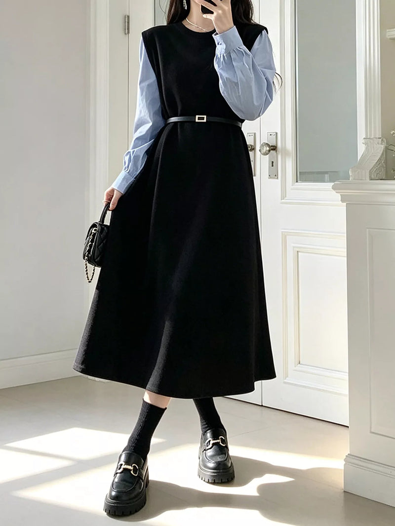 belted contrast sleeve a line dress front view