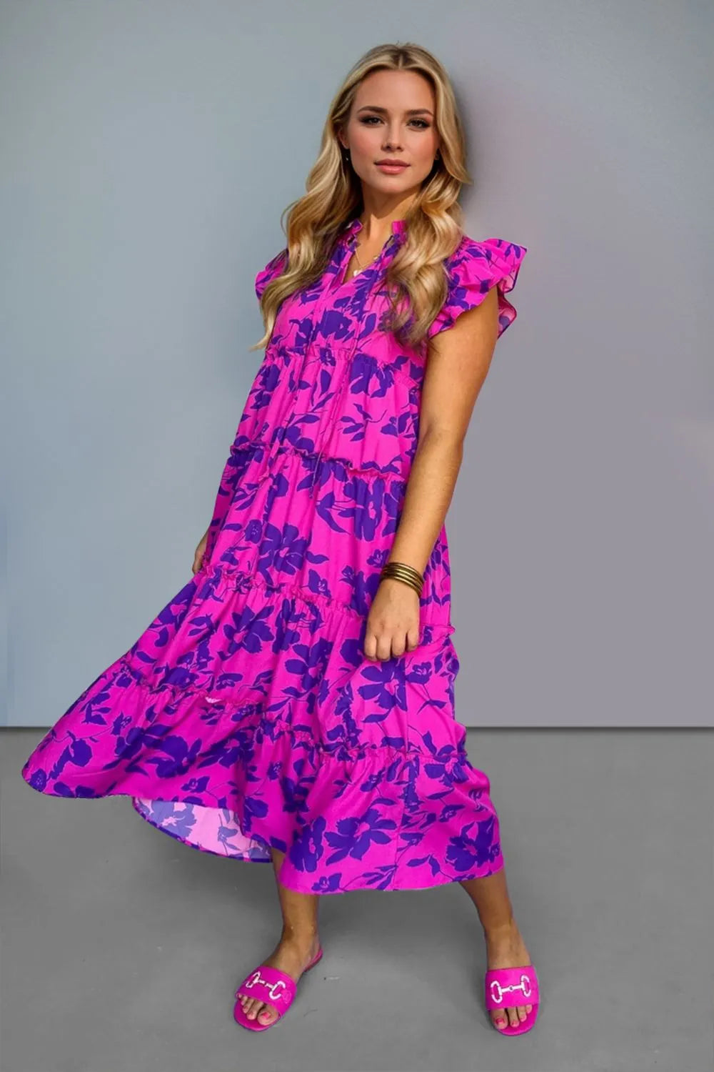 Printed cap sleeve midi dress back view
